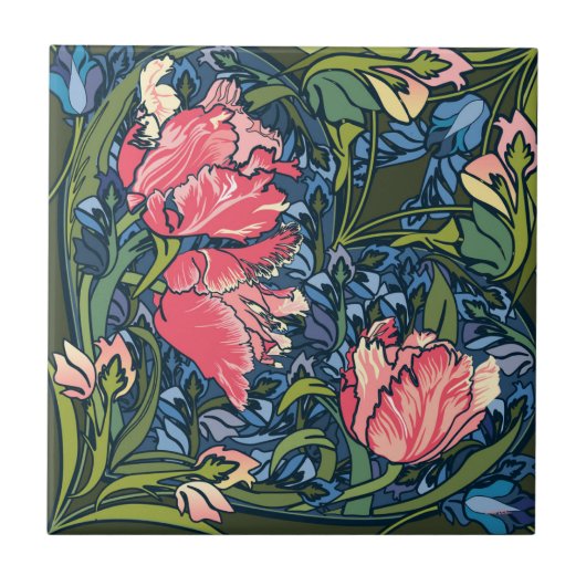 Jugendstil-Tulpen-Garten Farbexplosion Fliese (Vorderseite)