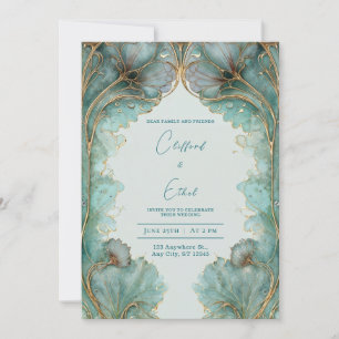 Jugendstil Türkis Gold Ginkgoblatt Hochzeit Einladung