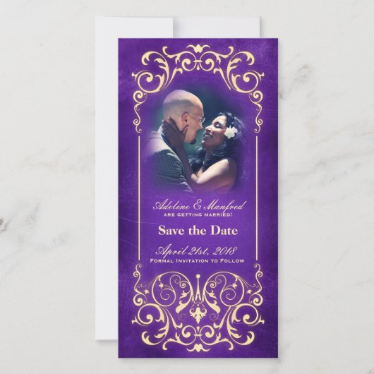 Jugendstil Viktorianisch: Gold & Eggplant Save the Date (Vorderseite)