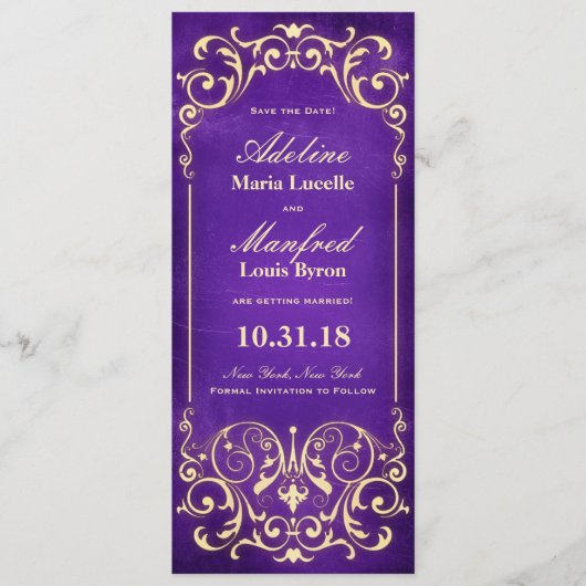 Jugendstil Viktorianisch: Gold & Eggplant Save the Date (Vorderseite)