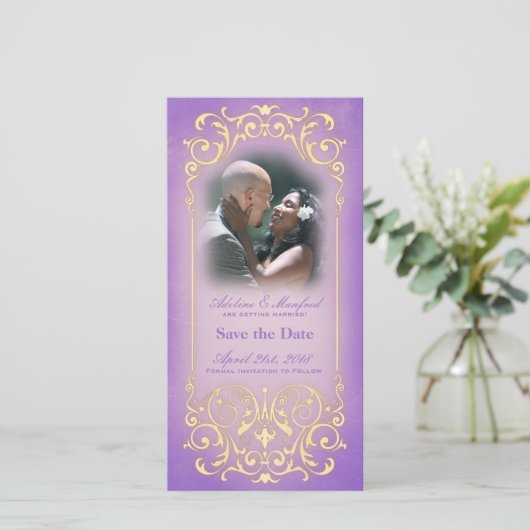 Jugendstil Viktorianisch: Lilac & Gold Save the Da Save The Date (Stehend Vorderseite)