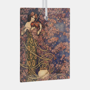 Jugendstil-Violinistin in Blüten – Vintage Floral Ornament Aus Glas