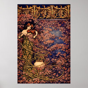 Jugendstil-Violinistin in Blüten – Vintage Floral Poster