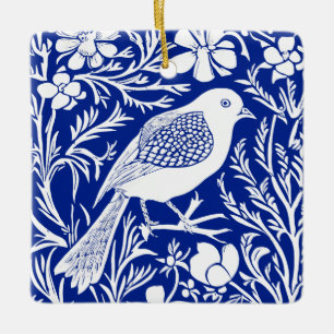 Jugendstil-Vogel auf einem Ast mit Blumen in Weiß Keramikornament