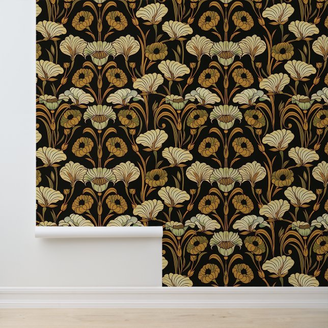 Jugendstil-Wallpaper - Gold Floral - Beige Tapete (Anwendung)