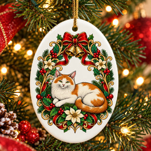 Jugendstil-Weihnachtskatze mit Stechpalmenkranz Keramik Ornament