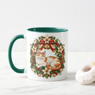 Jugendstil-Weihnachtskatze mit Stechpalmenkranz Tasse
