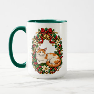 Jugendstil-Weihnachtskatze mit Stechpalmenkranz Tasse