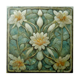 Jugendstil, Weiße Blume, schönes Blau, Fliese