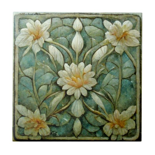 Jugendstil, Weiße Blume, schönes Blau, Fliese (Vorderseite)