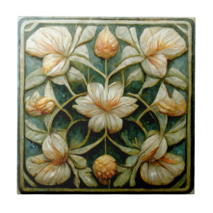 Jugendstil Weiße Blumen, Französisch Blau Hintergr Fliese