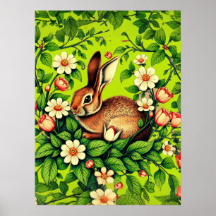 Jugendstil Wildkaninchen und Blumen Poster