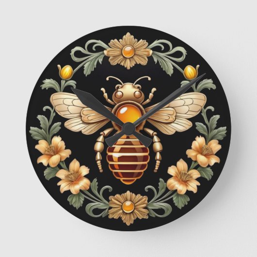 Jugendstilbiene auf Schwarz Runde Wanduhr (Vorderseite)