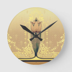 Jugendstilblume Tulpe rosa und gold elegant Runde Wanduhr