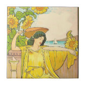 Jugendstilfrau mit Sonnenblumen Fliese (Vorderseite)