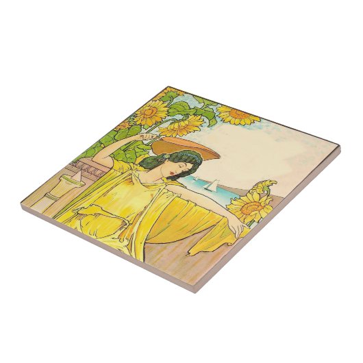 Jugendstilfrau mit Sonnenblumen Fliese (Seite)