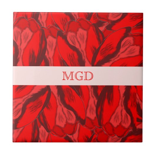 Jugendstilfülle roter Tulpen mit Monogramm Fliese (Vorderseite)