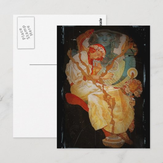 Jugendstilmädchen mit Harfe 1903 Postkarte (Vorne/Hinten)