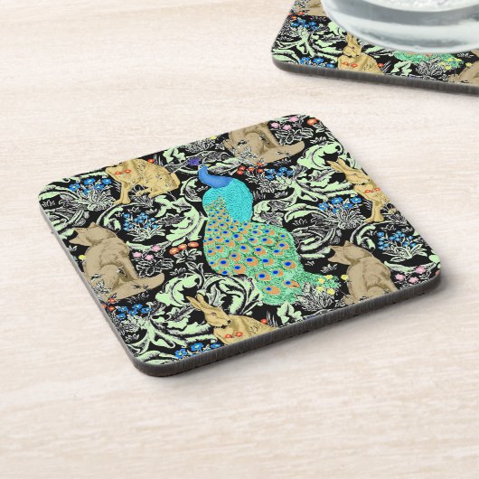 Jugendstilpfauendruckerei, Türkis & Neutral Getränkeuntersetzer (Linke Seite)