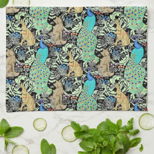Jugendstilpfauendruckerei, Türkis & Neutral Handtuch (Gefaltet)