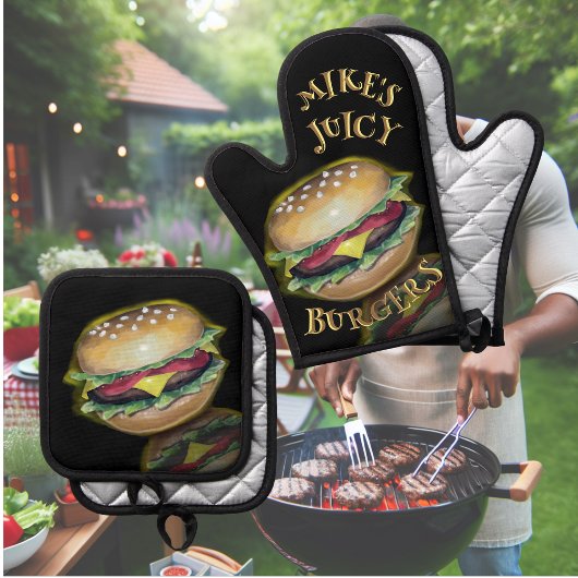 Juicy Delicious Hamburgers Ofenhandschuh & Topflappen-Set