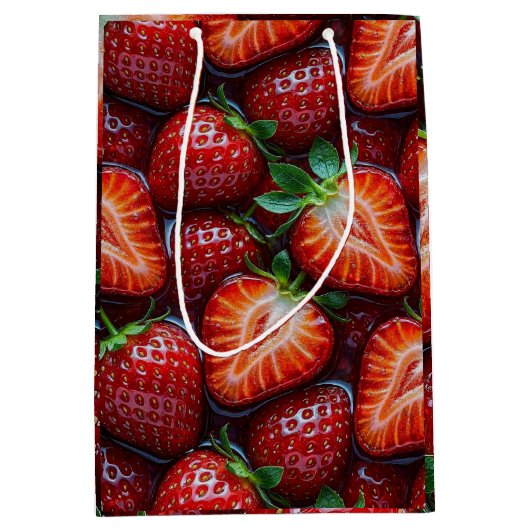 Juicy Fresh Red Strawberries Summer Fruit Pattern Mittlere Geschenktüte (Vorderseite)