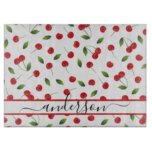 Juicy Red Cherry Pattern | Personalisiert Schneidebrett (Vorderseite)