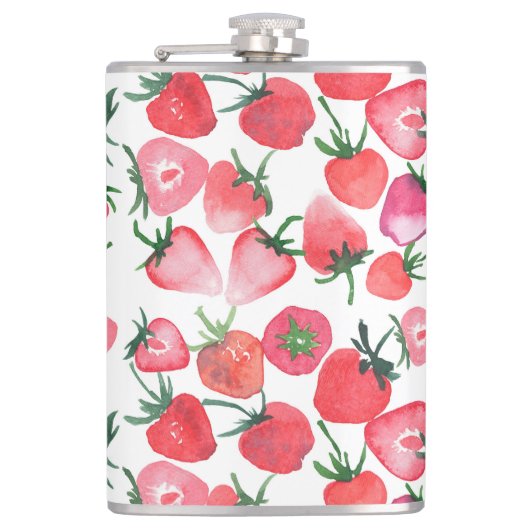 Juicy Red Strawberries Wasserfarben Muster Flachmann (Vorderseite)
