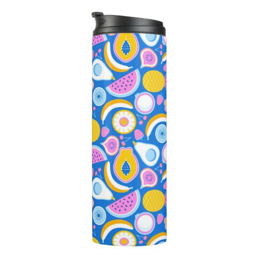 Juicy tropical fruits - Blauer Hintergrund Thermosbecher (Nach rechts gedreht)