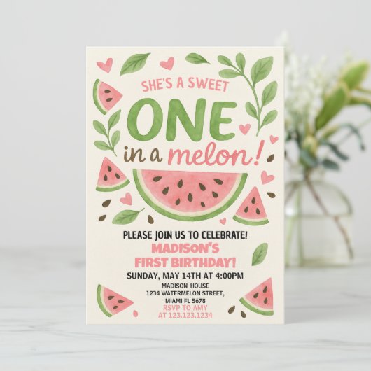 Juicy Watermelon Einladung zum 1. Geburtstag (Stehend Vorderseite)