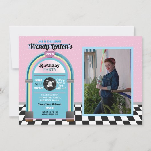 Jukebox Geburtstag Diner Fifties Retro Music Foto Einladung (Vorderseite)