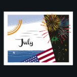 Juli Art Deco Beach Szene mit Flag und Feuerwerk Poster<br><div class="desc">Diese Bilder,  die aus unserem beliebten Art-Deco-Kalender adaptiert wurden,  zeigen jeden Monat des Jahres so,  als wäre es ein Vintages Seifenlabel. Im Juli verbringt man einen sonnigen Tag am Strand,  gepaart mit einer amerikanischen Flagge und einem Amerikanische Unabhängigkeitstag-Feuerwerk.</div>