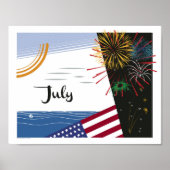 Juli Art Deco Beach Szene mit Flag und Feuerwerk Poster (Vorne)