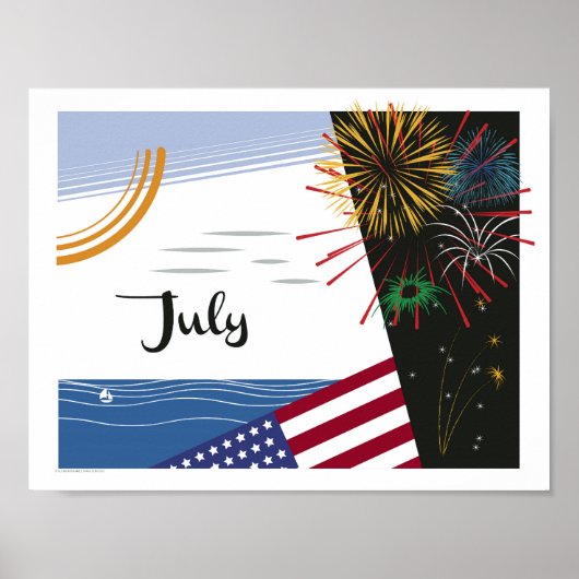 Juli Art Deco Beach Szene mit Flag und Feuerwerk Poster (Vorne)