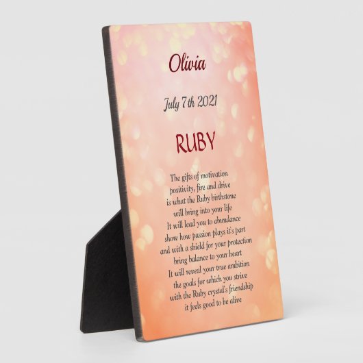 Juli Birthstone Ruby Tabletop Plaque mit Easel Fotoplatte (Seite)