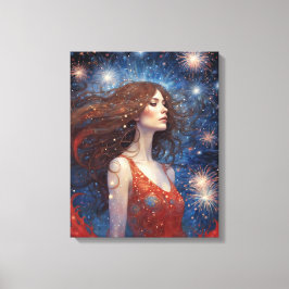 Juli Feuerwerk Frau in Rotem Kleid 4. Leinwanddruck