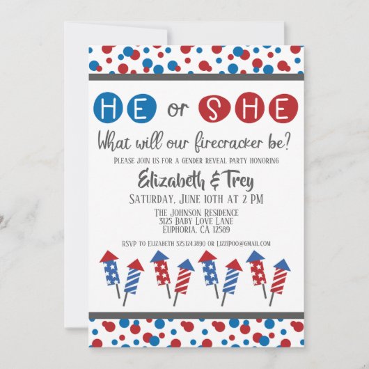 Juli Firecracker-Bericht über das Geschlecht von K Einladung (Vorderseite)