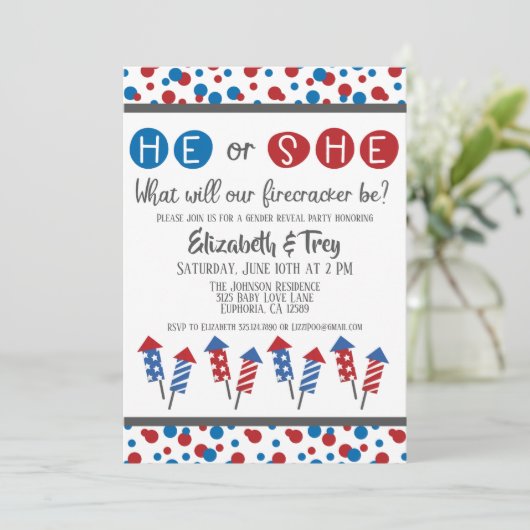 Juli Firecracker-Bericht über das Geschlecht von K Einladung (Stehend Vorderseite)