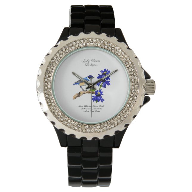 Juli Geburtmonat Blume Bluebird und Larkspur Armbanduhr (Vorderseite)