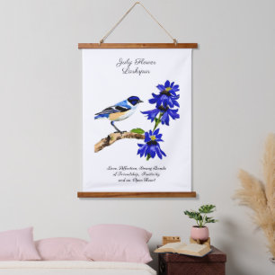 Juli Geburtmonat Blume Bluebird und Larkspur Wandteppich Mit Holzrahmen