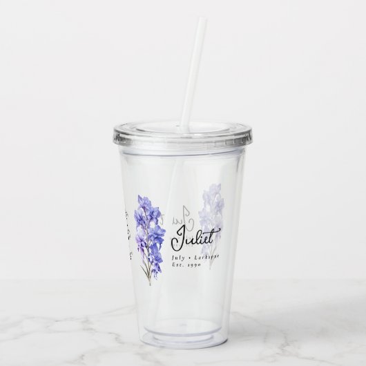 Juli Geburtsmonat Blume Larkspur Personalisiert Acryltrinkbecher (Rückseite)