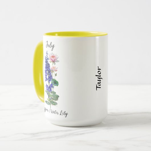 Juli Geburtstag Blume Larkspur und Wasserlilie Tasse (Vorderseite Links)