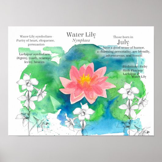 Juli Geburtstagsfeier Wasserlilie Larkspur Blume Poster (Vorne)