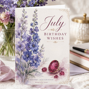 Juli Geburtstagskarte Elegante Rubine Larkspur Flo Karte