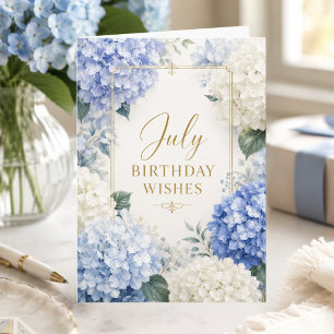 Juli-Geburtstagskarte mit eleganten blauen Hortens Karte