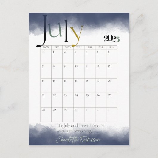 Juli Gray Modern Monthly Calendar 2025 Postkarte (Vorderseite)