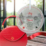 Juli Larkspur und Wasserlilie Geburtstag Keepake Ornament Aus Glas<br><div class="desc">Im Juli gibt es zwei Blume und zwei Edelsteine zur Geburtstagsfeier für diesen Monat: Blume - Larkspur und Wasserlilie; Edelsteine - Ruby und Onyx. Dieses Design bietet alles. Dieses Design enthält Details in weiß, schwarz und rot. Wir haben ihn mit einem "glücklichen Geburtstag"-Gruß gepaart, zusammen mit dem Namen des Empfängers,...</div>