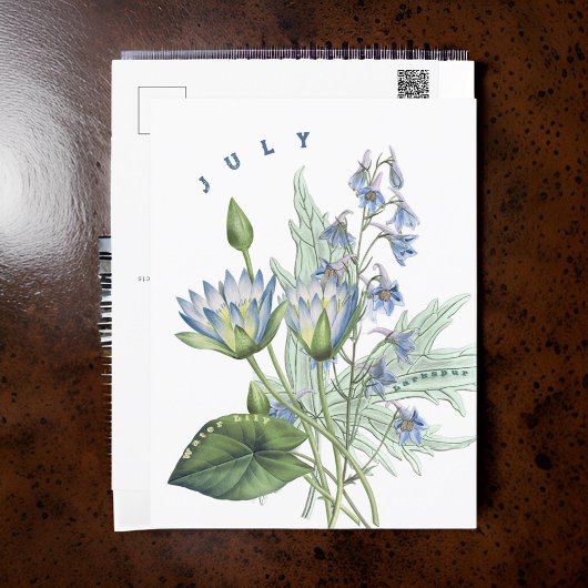 Juli Monat Blume Larkspur und Wasserlilie | Postkarte