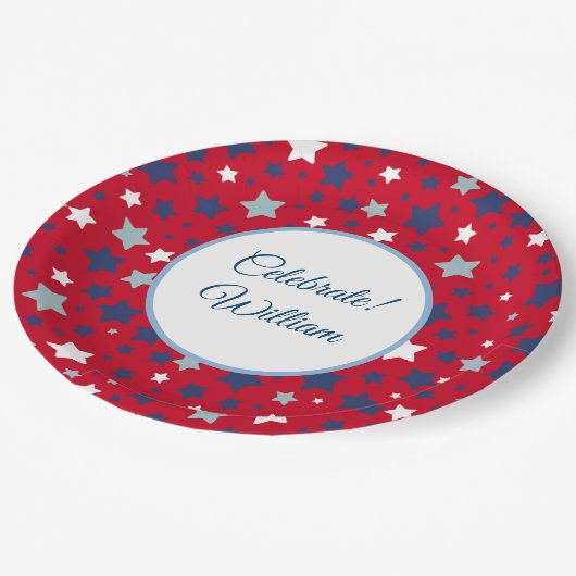 Juli personalisieren Name Red White Blue Pappteller (Schrägansicht)