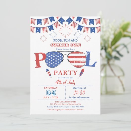 Juli Pool-Party Einladung (Stehend Vorderseite)